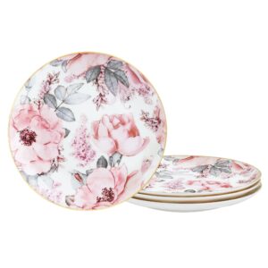 fanquare 8" bone china salad plates with gold trim, pink floral pasta bowls set of 4, porcelain dessert plates, british lunch plates