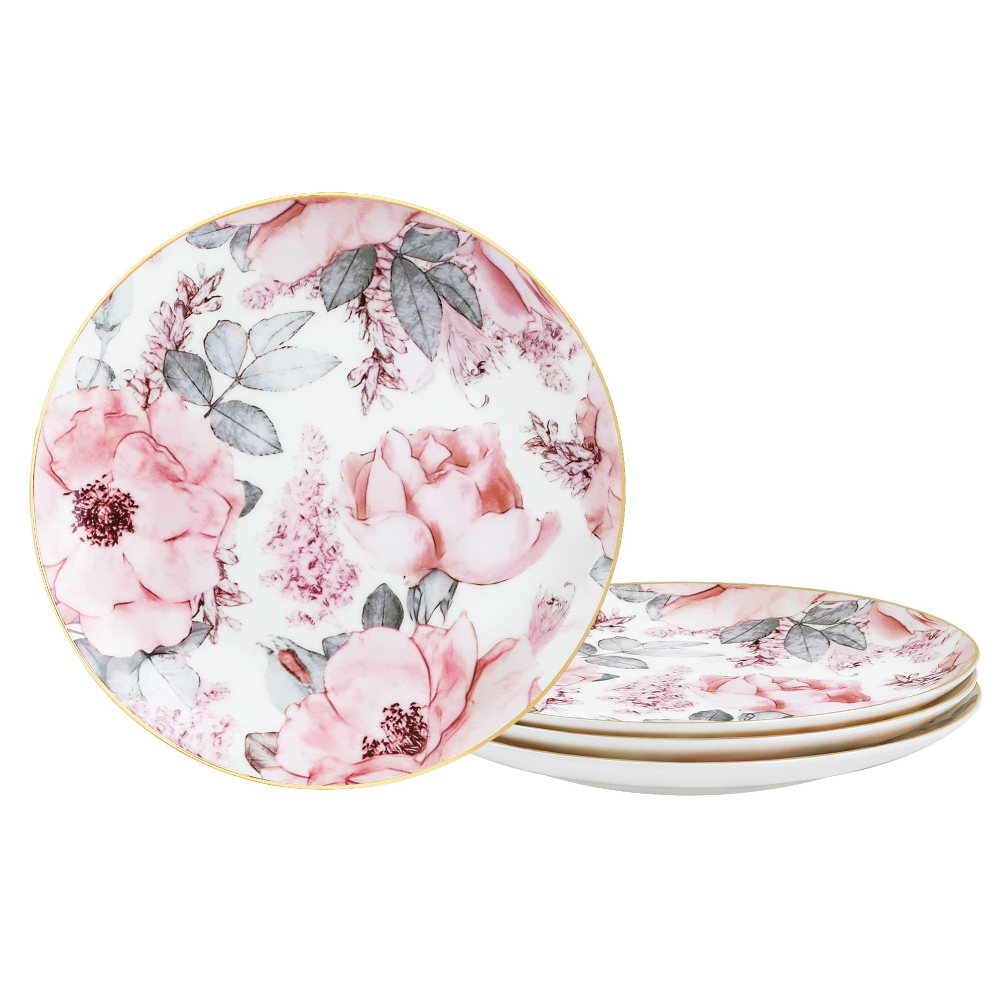 fanquare 8" Bone China Salad Plates with Gold Trim, Pink Floral Pasta Bowls Set of 4, Porcelain Dessert Plates, British Lunch Plates