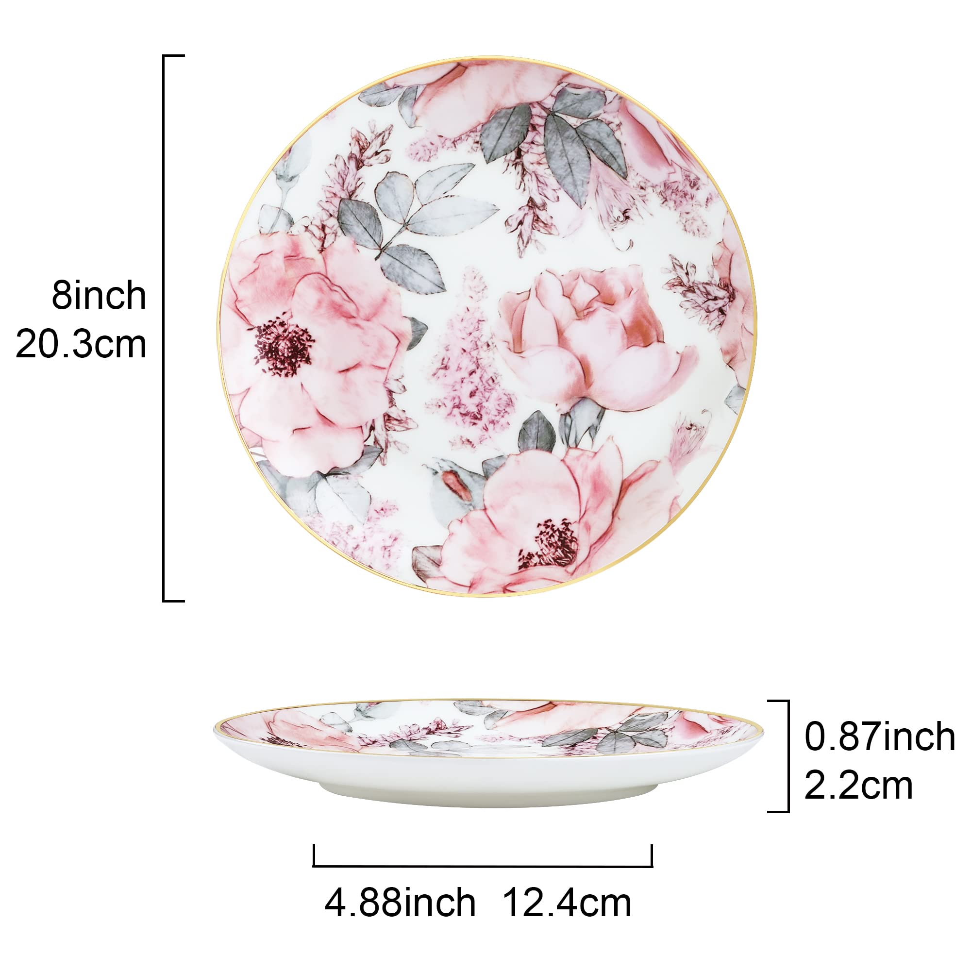 fanquare 8" Bone China Salad Plates with Gold Trim, Pink Floral Pasta Bowls Set of 4, Porcelain Dessert Plates, British Lunch Plates