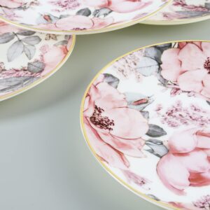 fanquare 8" Bone China Salad Plates with Gold Trim, Pink Floral Pasta Bowls Set of 4, Porcelain Dessert Plates, British Lunch Plates