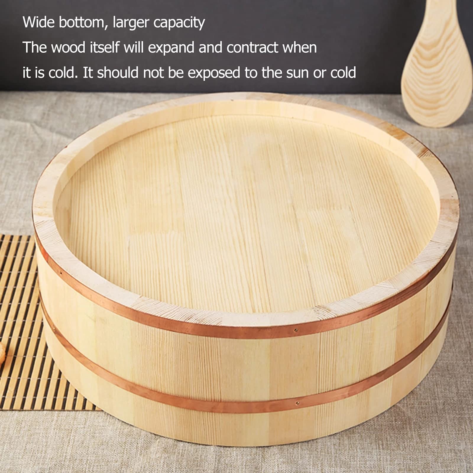 Japanese Wooden Hangiri Sushi Rice Mixing Bowl Tub Sushi Oke Copper Bands for Sushi Restaurant Kitchen,66cm/26in