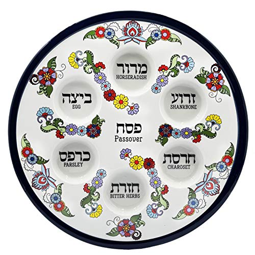 The Dreidel Company Ceramic Passover Seder Plate With Turquoise Floral Design - 12" Inch Standard