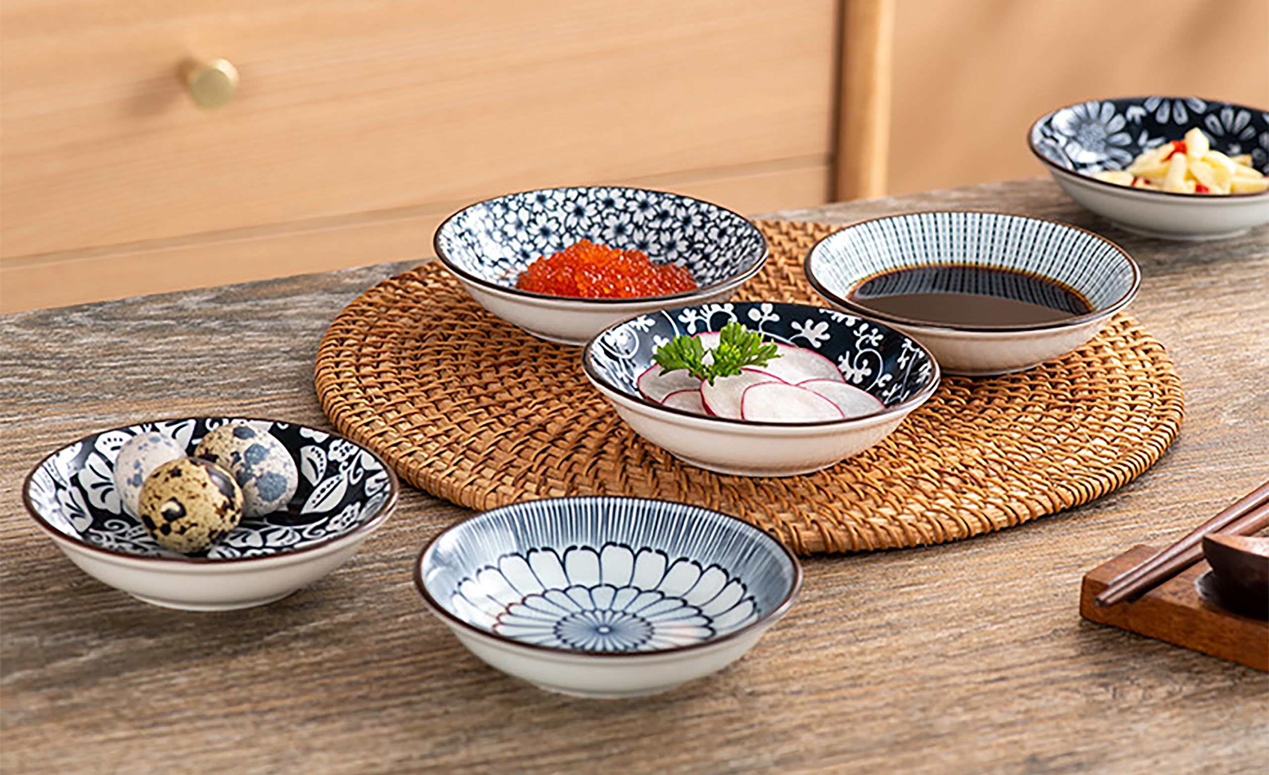 SYJAN HOME Ceramic Dipping Bowls,4 Inch Soy Sauce dish,Pinch Bowls Set of 6,Side Dishes for Snack,Sushi,Sauce,3 Oz Japanese Style Small Bowls for Side Dishes,Kitchen Prep,Vintage Blue