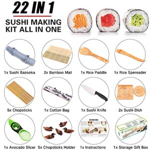 Sushi Making Kit, 22 Pcs Pro Sushi Kit Includes Bazooka Roller, Bamboo Mats, Avocado Knife, Sushi Knife, Chopsticks, Sauce Dishes, Rice Spreader & More All-in-One DIY Sushi Gift