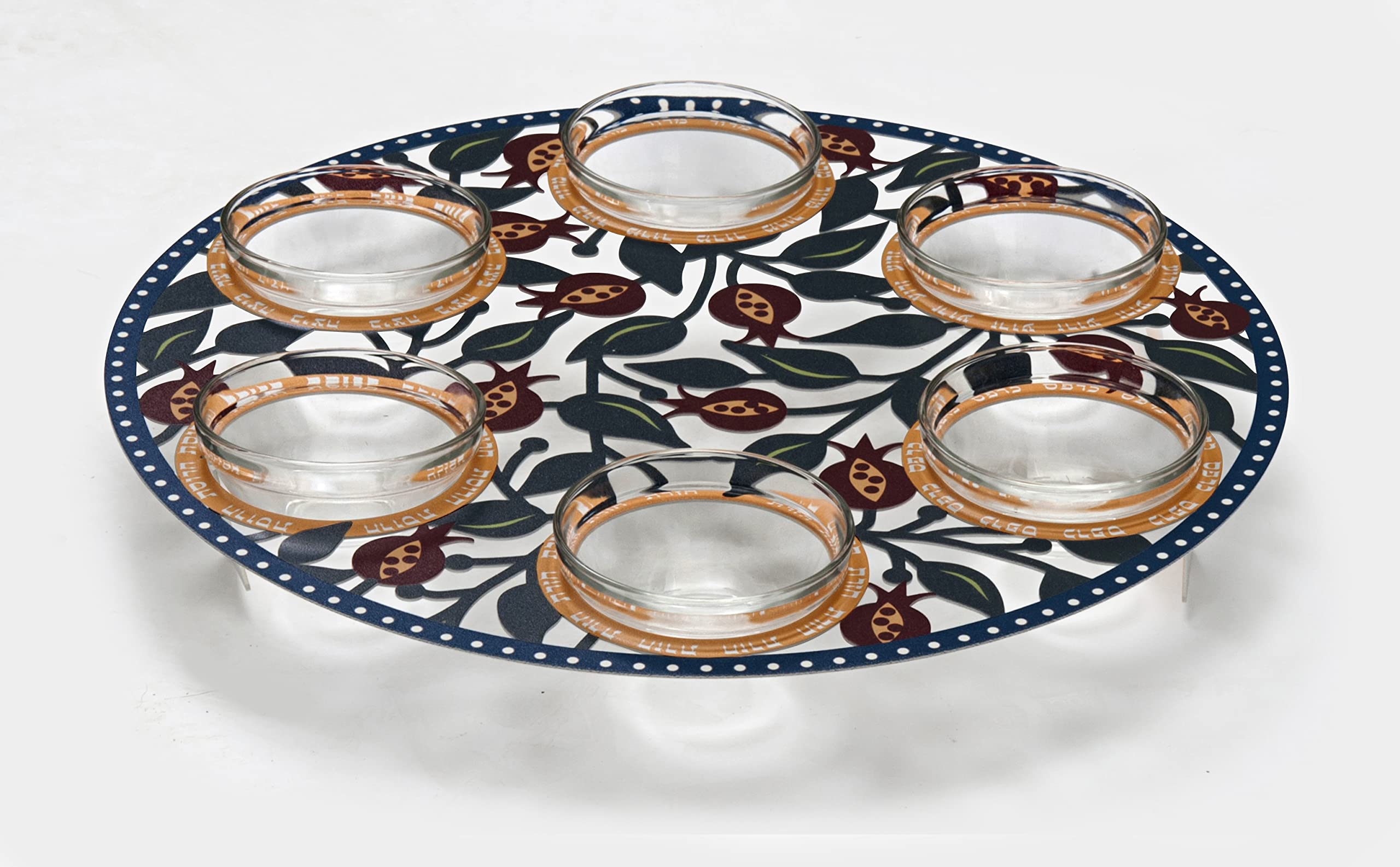 Unique Laser-cut Seder Plate with Glass Insets, Matzah Cover + More Original Judaica Design (Red Pomegranates)