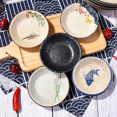 Whitenesser Sushi Sauce Dishes set of 5, Japanese Retro Porcelain Soy Side Dish Bowl Seasoning Dishes Soy Dipping Sauce Dishes