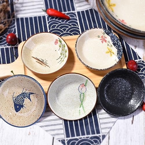 Whitenesser Sushi Sauce Dishes set of 5, Japanese Retro Porcelain Soy Side Dish Bowl Seasoning Dishes Soy Dipping Sauce Dishes