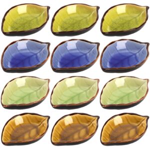 jucoan 12 pack ceramic soy sauce dish, vintage leaf shape dipping sauce dishes, mini side seasoning dish for sushi appetizer japanese style, 4 assorted colors