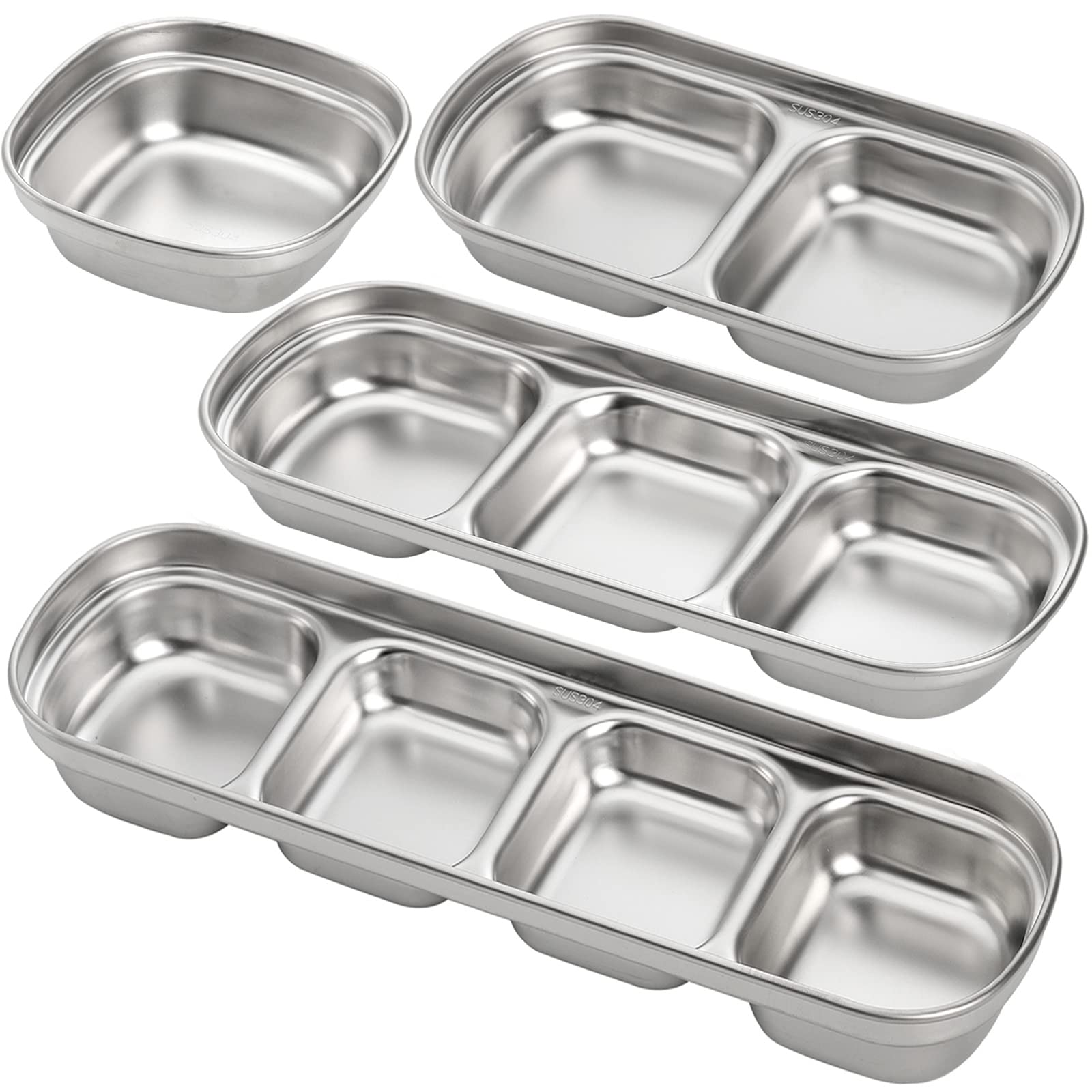 SOUJOY 4 Pcs Stainless Steel Sauce Dish, Divided Seasoning Sauce Dip Bowl, 1/2/3/4 Compartment Korean Ketchup Sauce Bowl, Vinegar Soy Spice Condiment Tray for Home Restaurant