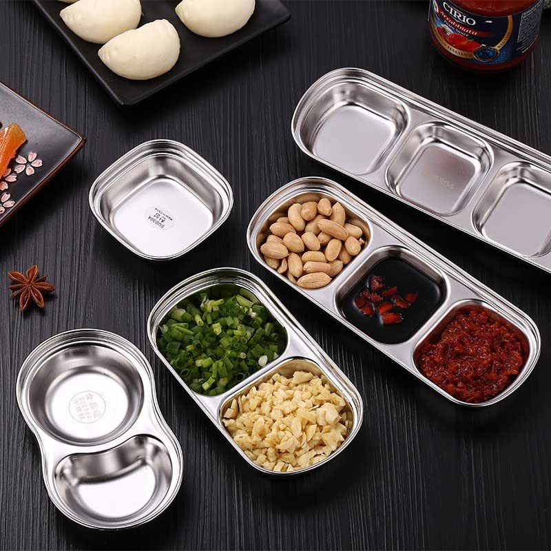 SOUJOY 4 Pcs Stainless Steel Sauce Dish, Divided Seasoning Sauce Dip Bowl, 1/2/3/4 Compartment Korean Ketchup Sauce Bowl, Vinegar Soy Spice Condiment Tray for Home Restaurant
