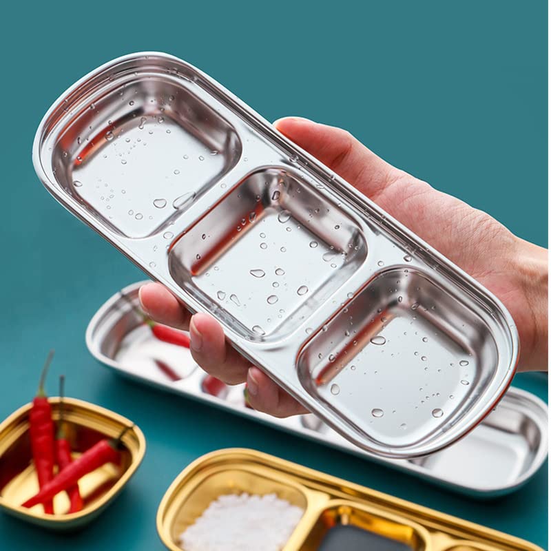 SOUJOY 4 Pcs Stainless Steel Sauce Dish, Divided Seasoning Sauce Dip Bowl, 1/2/3/4 Compartment Korean Ketchup Sauce Bowl, Vinegar Soy Spice Condiment Tray for Home Restaurant