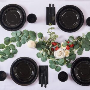 175 PCS Black Party Supplies Disposable Dinnerware Set Plastic Plates and Paper Napkins Cups Silverware Serve 25 Sets for Birthday Bridal Shower Wedding Engagement Graduation Parties