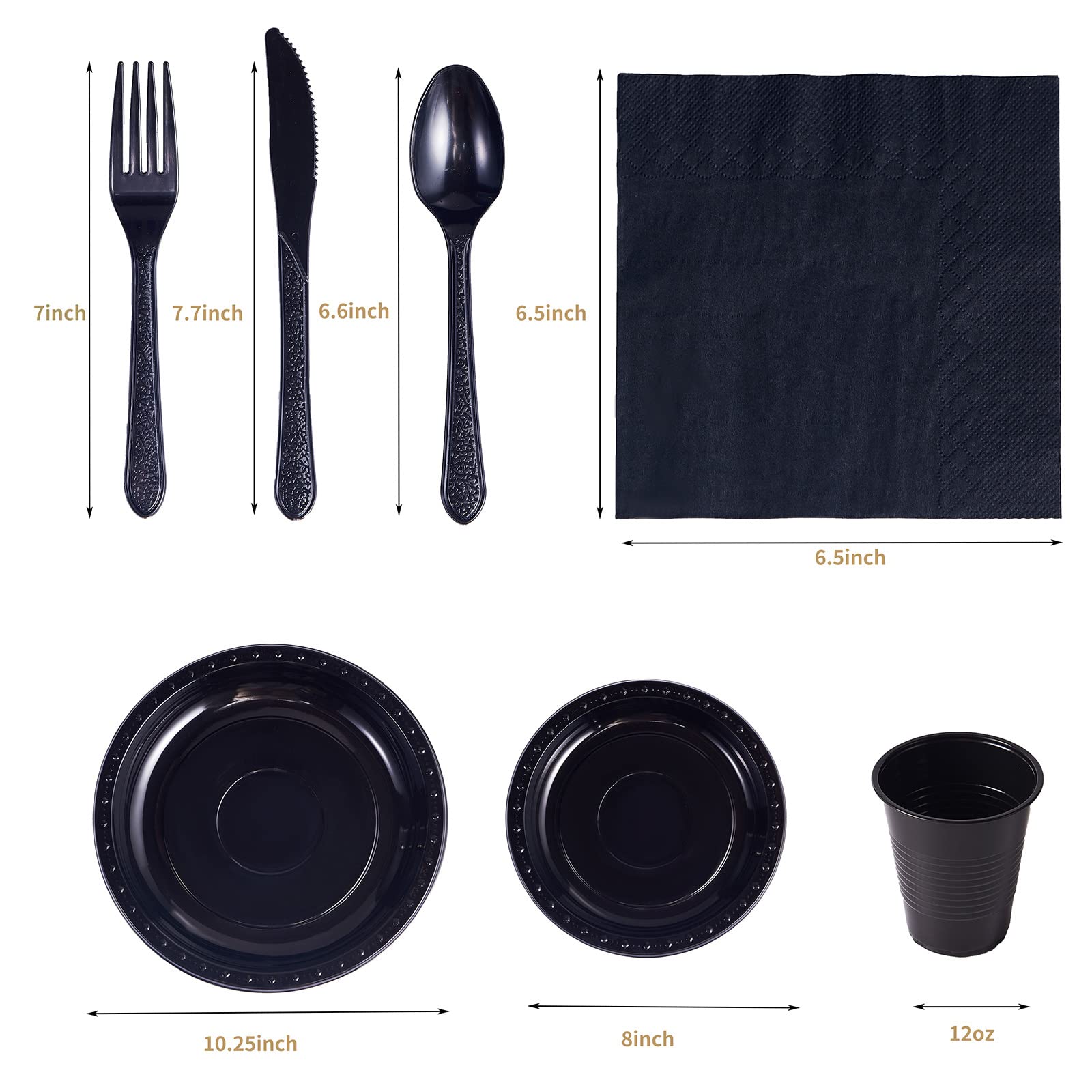 175 PCS Black Party Supplies Disposable Dinnerware Set Plastic Plates and Paper Napkins Cups Silverware Serve 25 Sets for Birthday Bridal Shower Wedding Engagement Graduation Parties