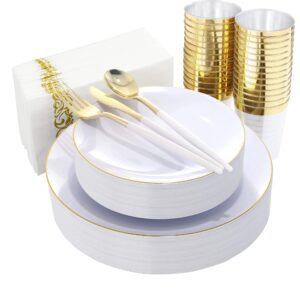 nervure 140pcs white and gold plastic plates & disposable gold plastic plates - 20 dinner plates, 20 dessert plates, 60 gold plastic silverware, 20 cups, 20 napkins for weddings & party