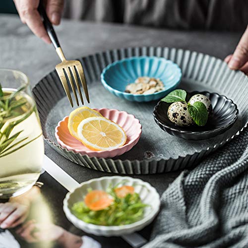 Gaolinci 3.5 Inches Flower Shape Ceramic Sauce Dish,Mini Side Seasoning Dish,Condiment Dishes/Sushi Soy Dipping Bowl,Snack Serving Dishes,Porcelain Small Saucer Set(Set of 4)