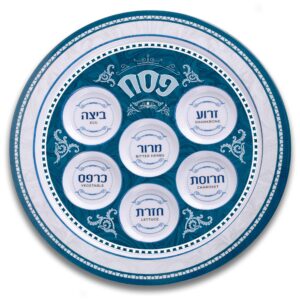 ner mitzvah seder plate for passover - melamine 12" passover seder plate - blue and white marble design passover plate