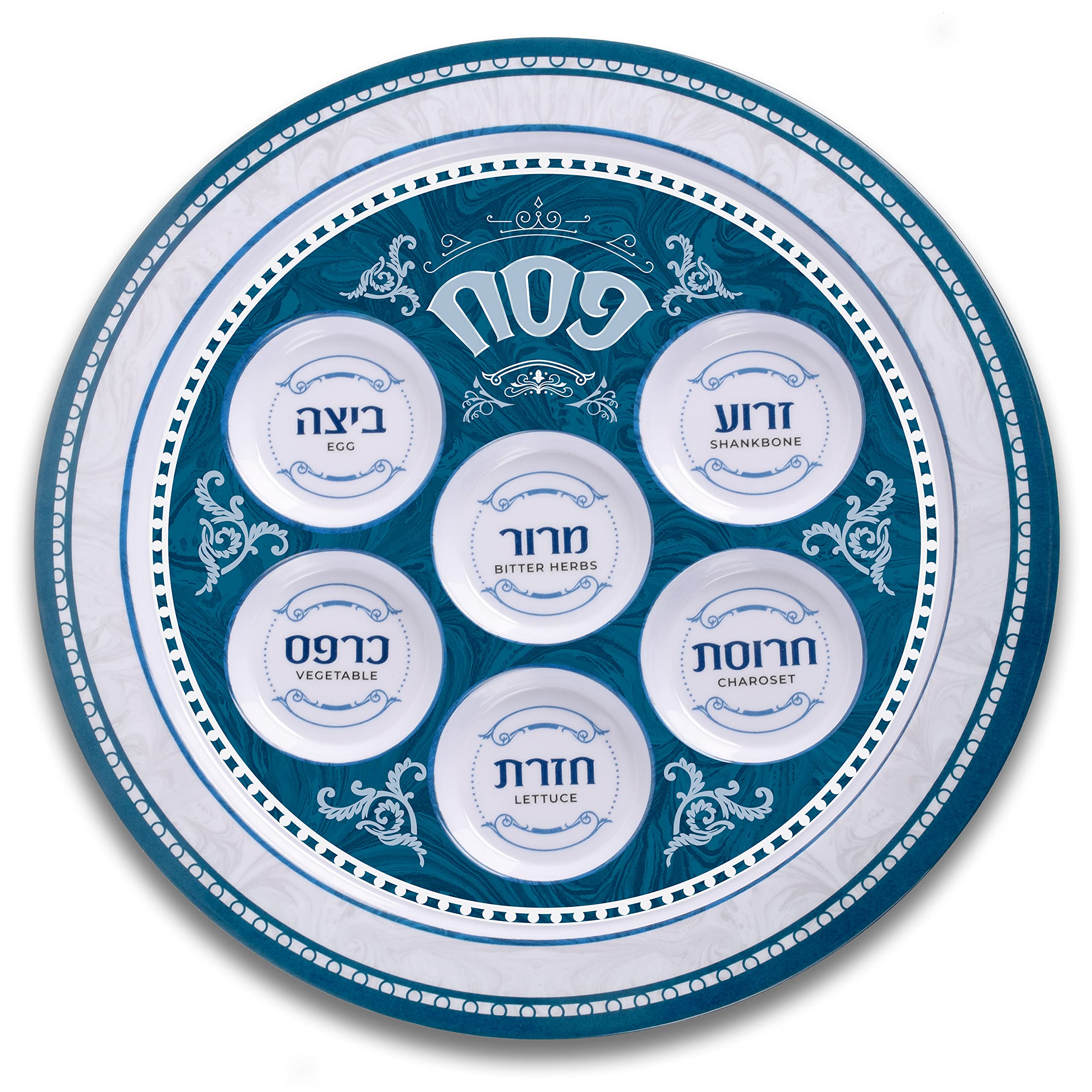 Ner Mitzvah Seder Plate for Passover - Melamine 12" Passover Seder Plate - Blue and White Marble Design Passover Plate
