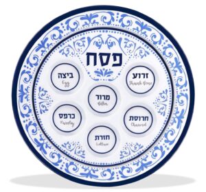 passover seder plates 12" melamine - 6 section plate marked with symbolic pesach seder foods - round seder tray for adults, children by zion judaica - blue floral renaissance single passover plate