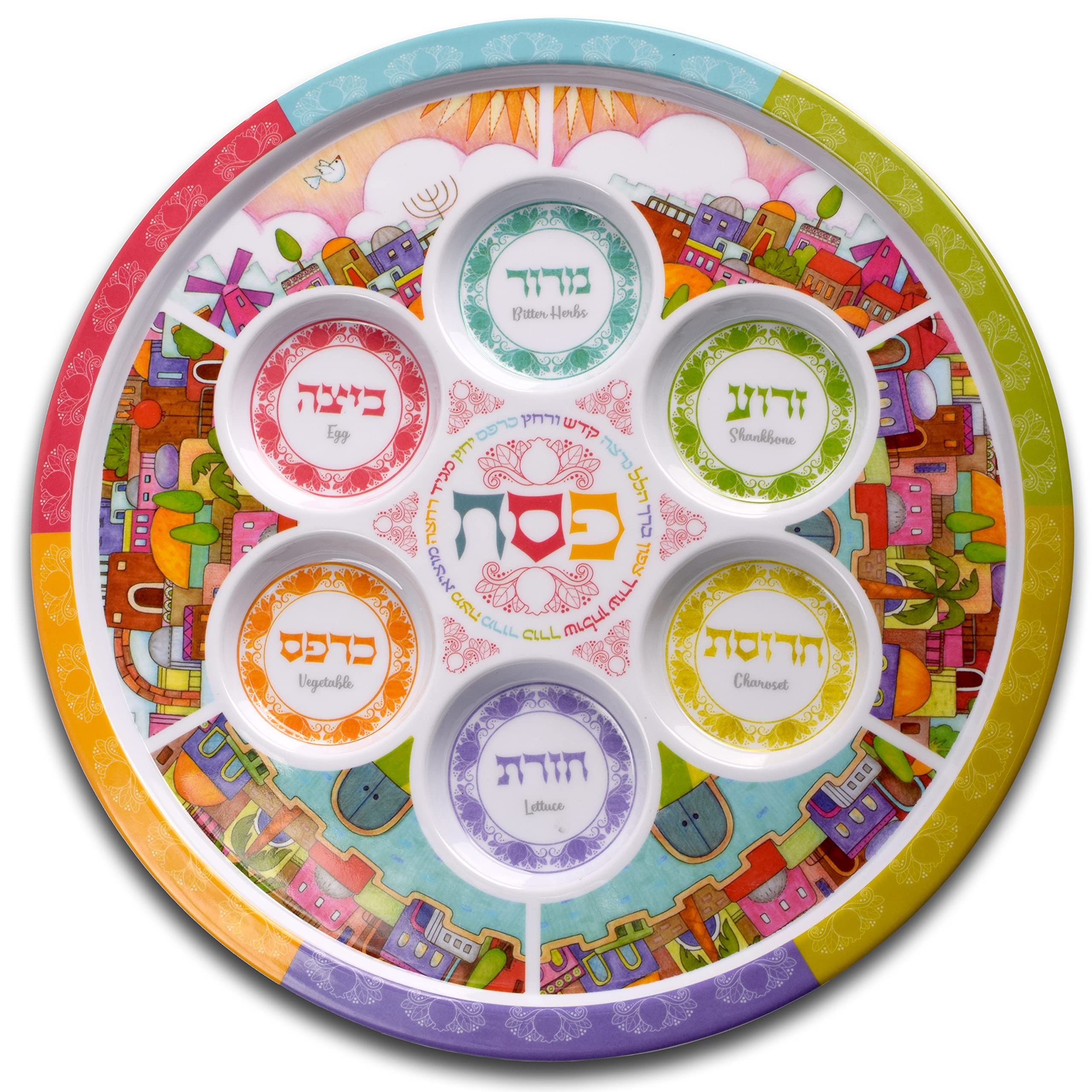 Ner Mitzvah Seder Plate for Passover - Melamine 12" Passover Seder Plate - Multicolored Jerusalem Passover Plate