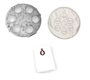 unique laser-cut stainless steel passover seder plate with glass insets, matzah cover + towel original judaica design (lacey pomegranates)