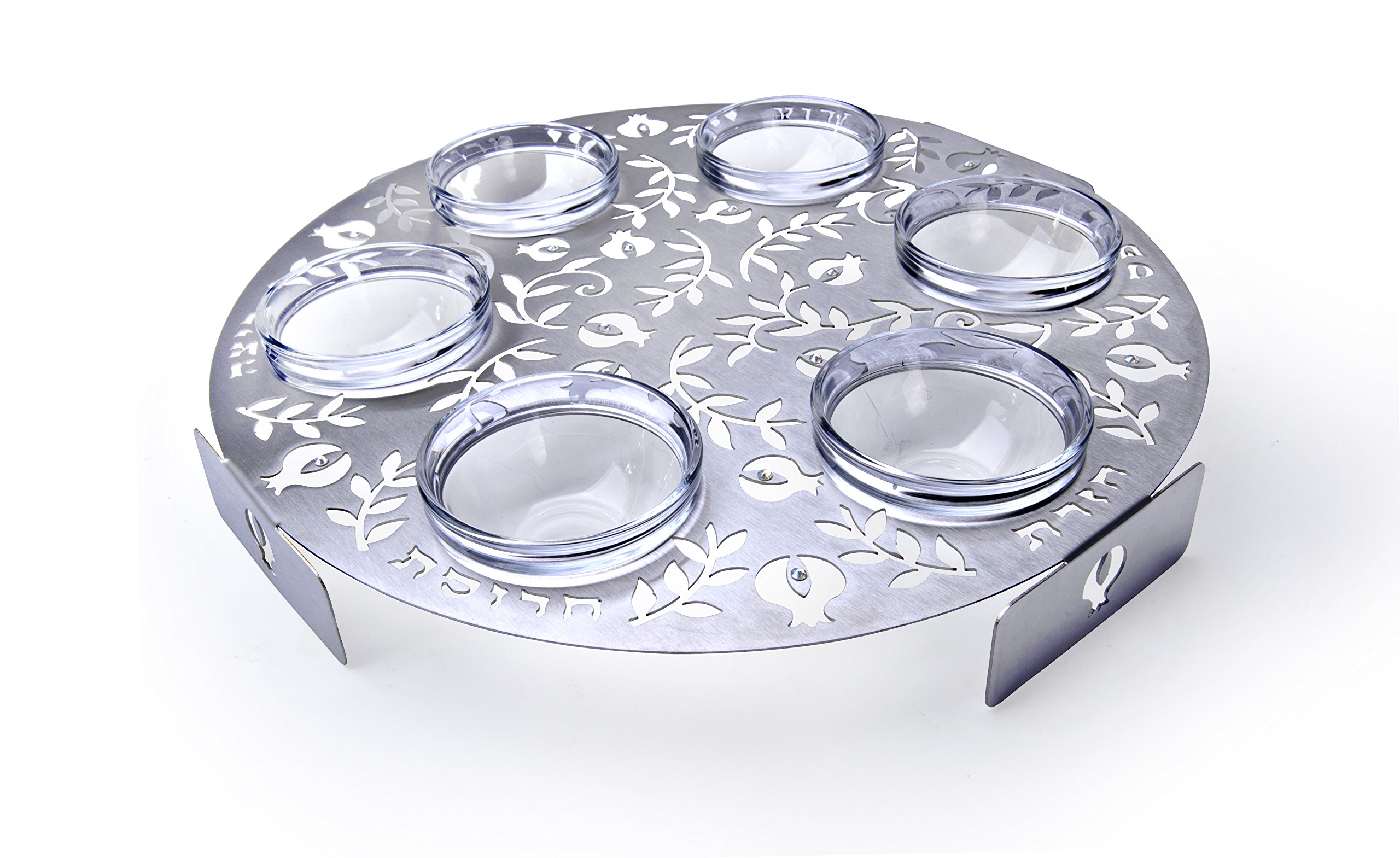 Unique Laser-Cut Stainless Steel Passover Seder Plate with Glass Insets, Matzah Cover + Towel Original Judaica Design (Lacey Pomegranates)