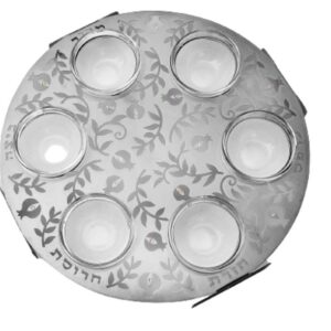 Unique Laser-Cut Stainless Steel Passover Seder Plate with Glass Insets, Matzah Cover + Towel Original Judaica Design (Lacey Pomegranates)