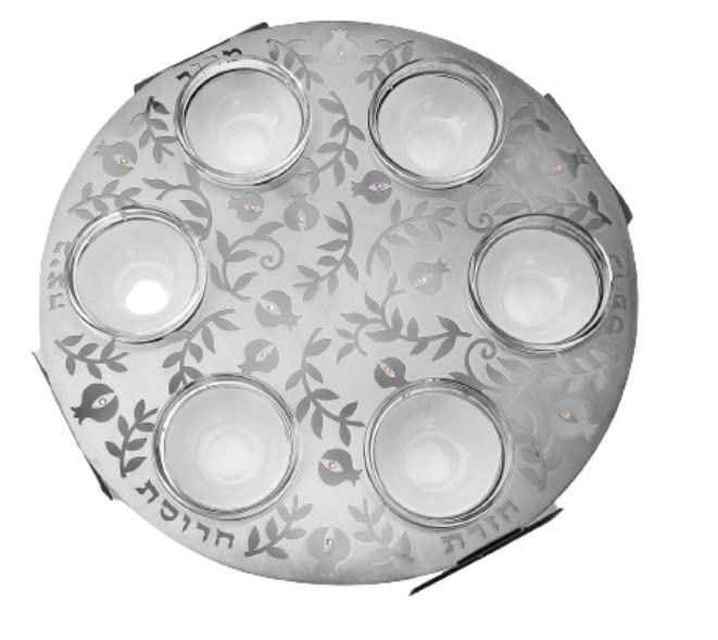 Unique Laser-Cut Stainless Steel Passover Seder Plate with Glass Insets, Matzah Cover + Towel Original Judaica Design (Lacey Pomegranates)