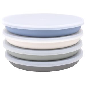 weesprout bamboo plates with lids, set of 4 bamboo plates for kids, kid-sized design, bamboo kids plates with lids for leftovers, dishwasher safe (blue, green, gray, & beige)