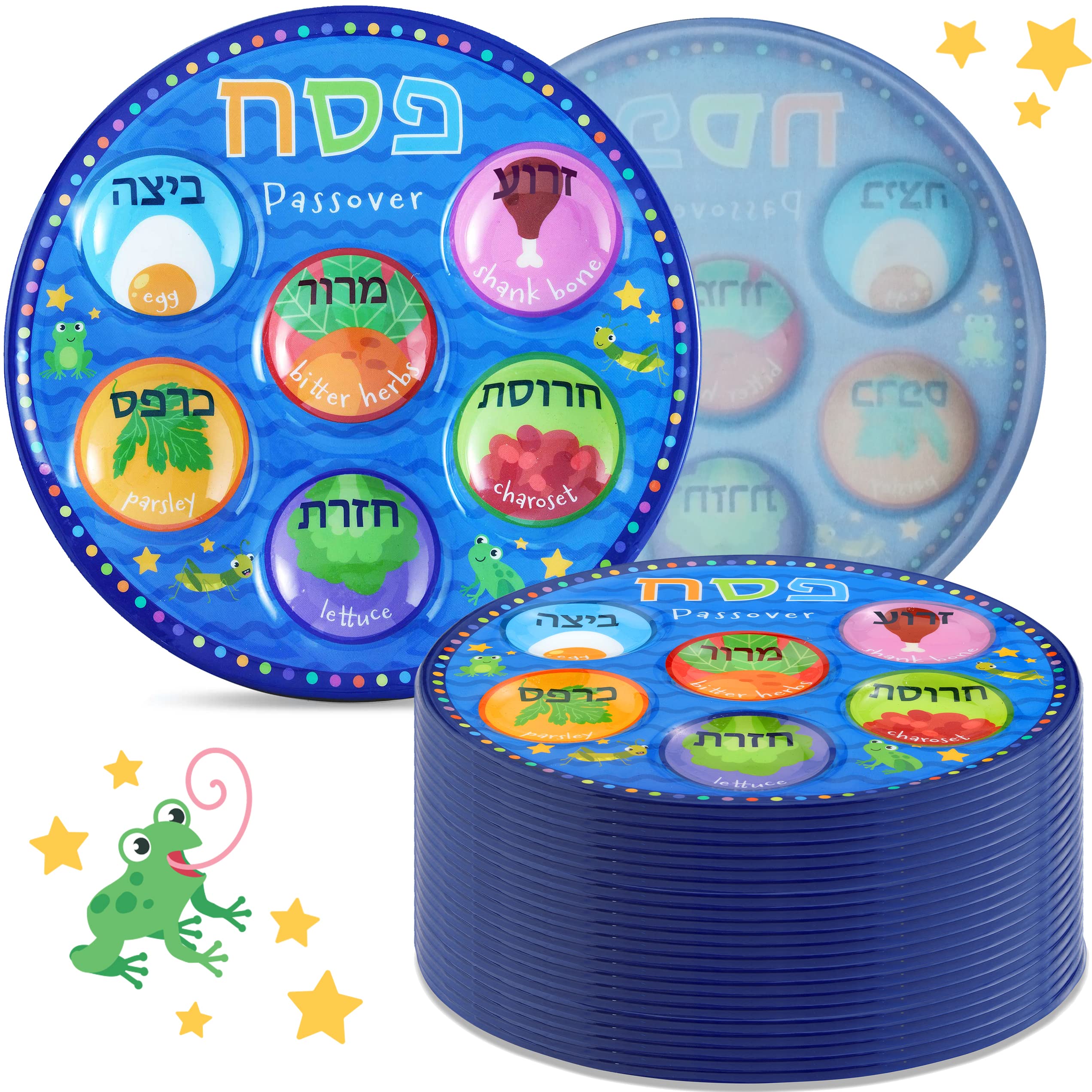 Quality Disposable Childrens Passover Seder Plates in Bulk 10" Deluxe Plastic Colorful Pesach Seder Plate for Kids Marked with Traditional Seder Food Specialty Dishware by Zion Judaica 24 Pack