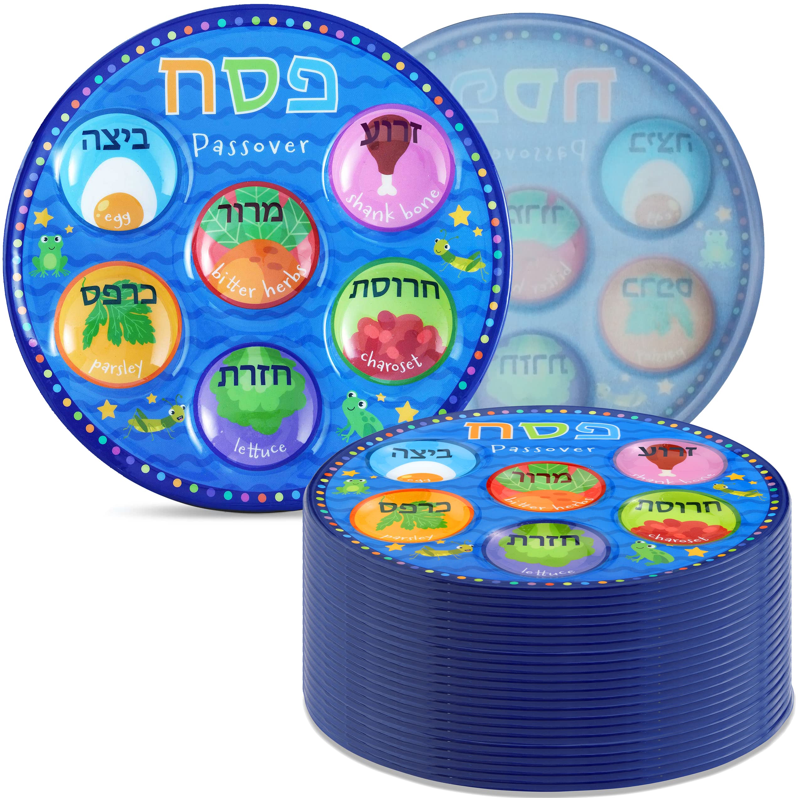 Quality Disposable Childrens Passover Seder Plates in Bulk 10" Deluxe Plastic Colorful Pesach Seder Plate for Kids Marked with Traditional Seder Food Specialty Dishware by Zion Judaica 24 Pack