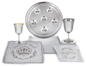 passover seder complete set hammered vienna collection - includes seder plate, matzah tray, elijah cup with saucer, kiddush cup, square matzo cover & afikoman bag passover decorations by zion judaica