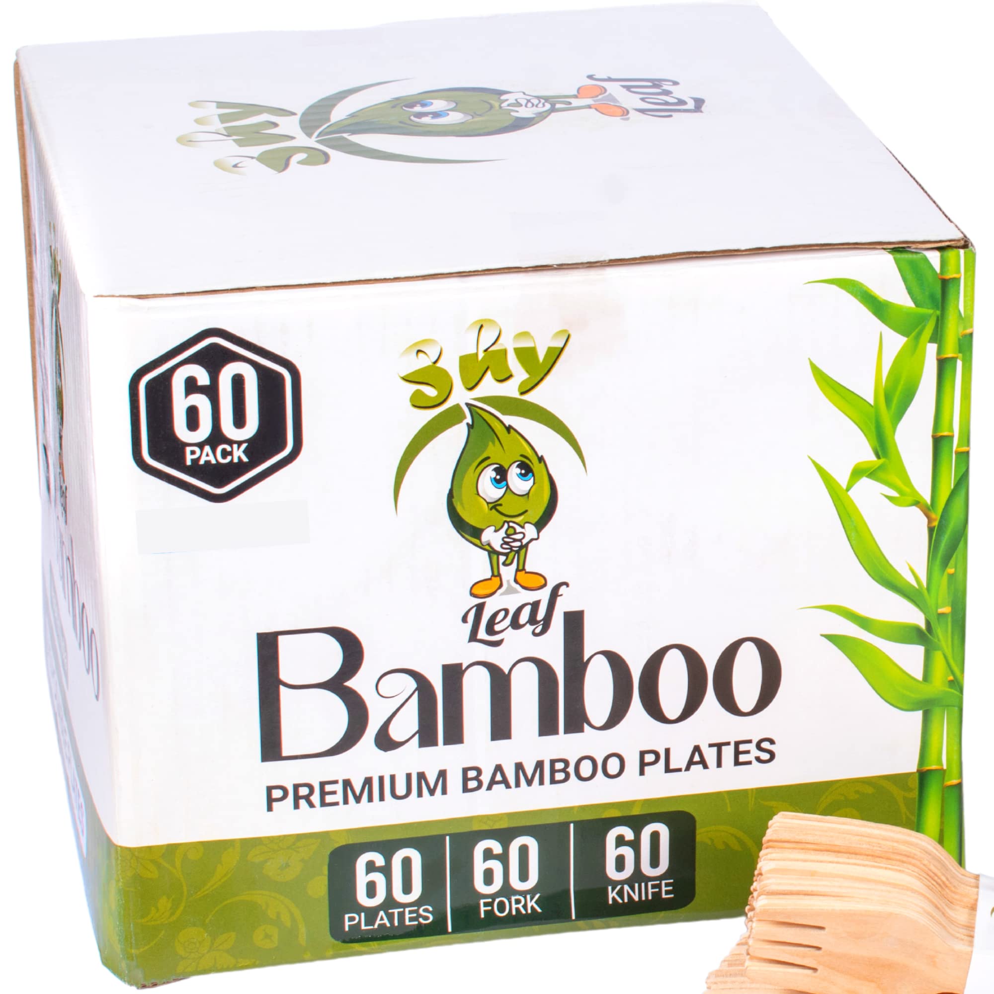 Shy Leaf Disposable Bamboo Plates (60 PLATES) + 120 Piece Wooden Cutlery Set - 8 inch & 10 inch Palm Leaf Plates - Party Plates - 100% Biodegradable & Eco Friendly Compostable Plate Set