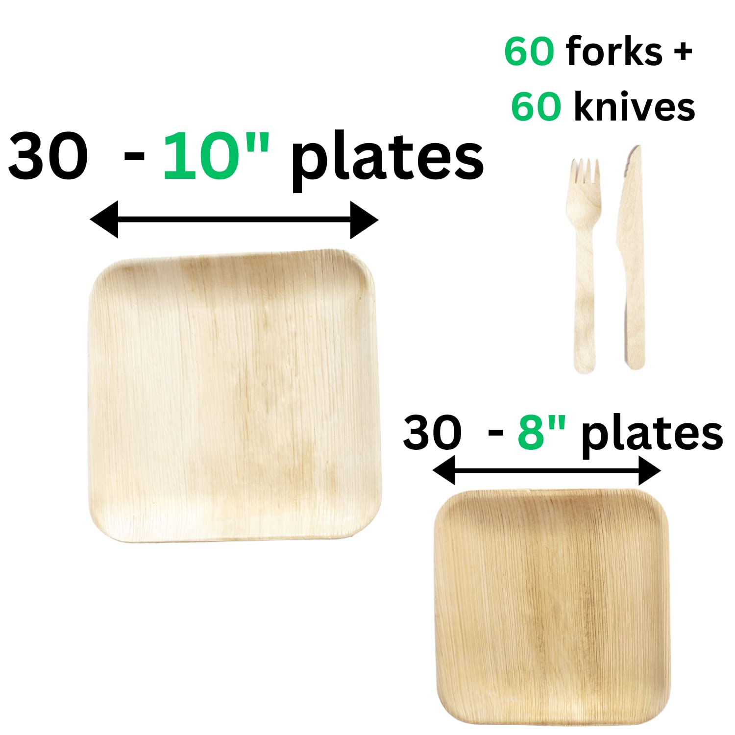 Shy Leaf Disposable Bamboo Plates (60 PLATES) + 120 Piece Wooden Cutlery Set - 8 inch & 10 inch Palm Leaf Plates - Party Plates - 100% Biodegradable & Eco Friendly Compostable Plate Set