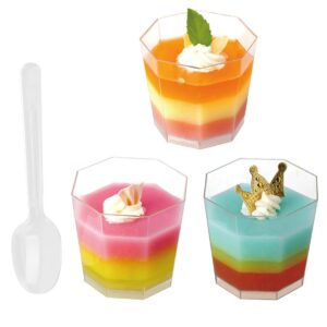 Foraineam 100 Pack 5.4 oz. Clear Plastic Dessert Cups with 100 Spoons Disposable Reusable Appetizer Cups Serving Bowl for Parties, Weddings and More