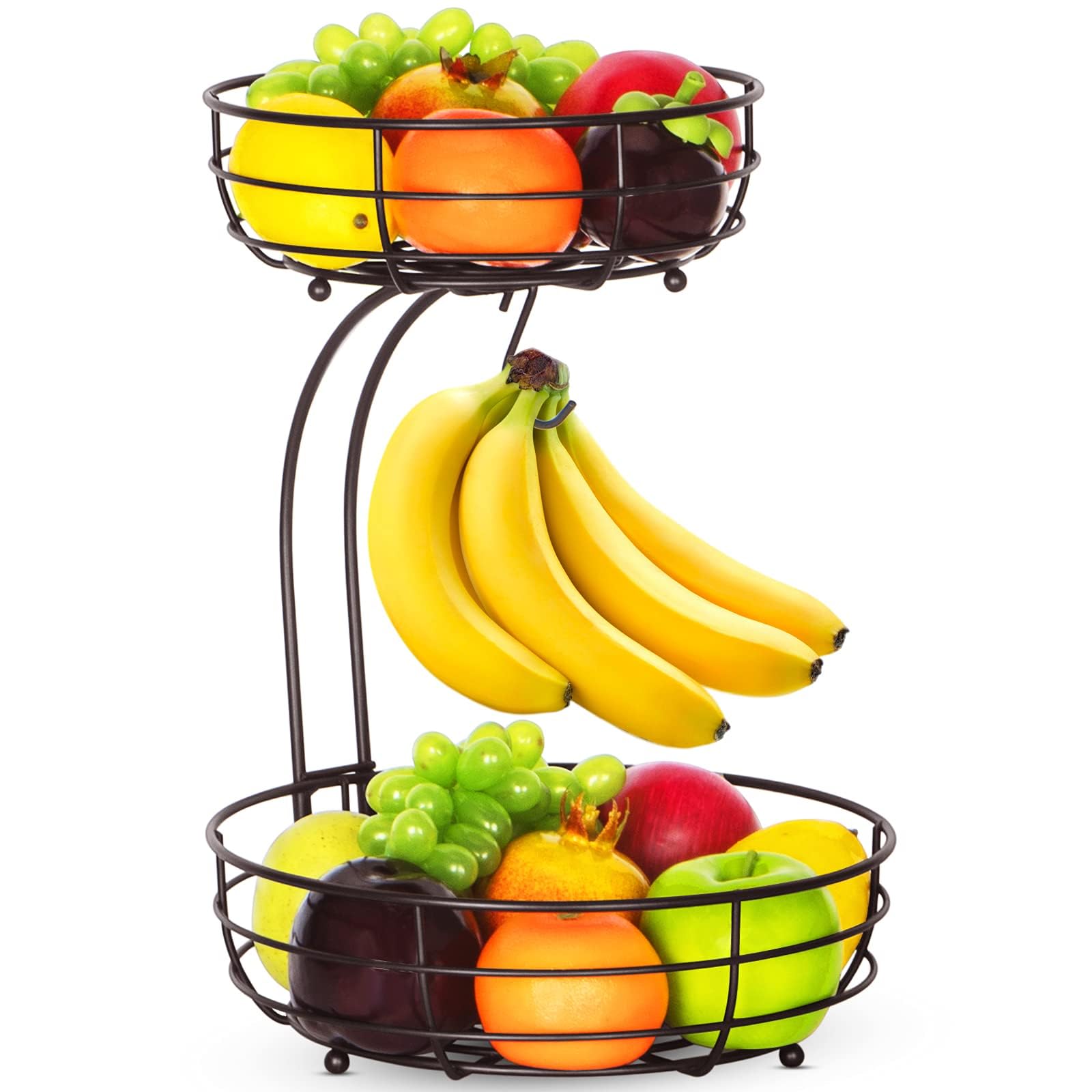 Bextsrack 2 Tier Fruit Basket Bowl with Banana Hanger for Kitchen Countertop, Detachable Fruit Vegetable Storage Holder Display for Kitchen - Bronze