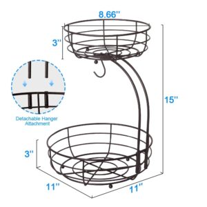 Bextsrack 2 Tier Fruit Basket Bowl with Banana Hanger for Kitchen Countertop, Detachable Fruit Vegetable Storage Holder Display for Kitchen - Bronze