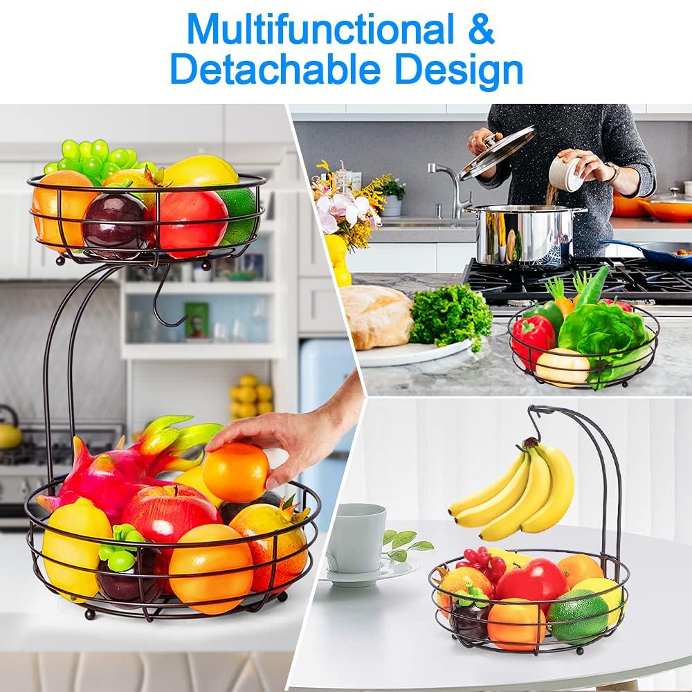 Bextsrack 2 Tier Fruit Basket Bowl with Banana Hanger for Kitchen Countertop, Detachable Fruit Vegetable Storage Holder Display for Kitchen - Bronze