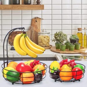 Bextsrack 2 Tier Fruit Basket Bowl with Banana Hanger for Kitchen Countertop, Detachable Fruit Vegetable Storage Holder Display for Kitchen - Bronze