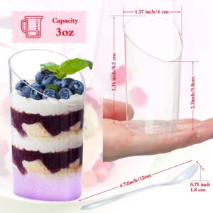 100 Pack Mini Dessert Cups with Spoons Small Plastic 3 oz Slanted Round Shooter Disposable Clear Plastic Parfait Appetizer Cup for Tasting Sample Appetizers