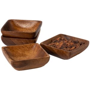 Glaver's Natural Acacia Wooden Bowls Hand-Carved Calabash Dip Tray Bowl S/4 Ideal for Appetizers, Dips, Sauce, Nuts, Candy, Olives, Seeds, Desserts and More. (Square)