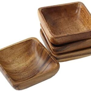 Glaver's Natural Acacia Wooden Bowls Hand-Carved Calabash Dip Tray Bowl S/4 Ideal for Appetizers, Dips, Sauce, Nuts, Candy, Olives, Seeds, Desserts and More. (Square)