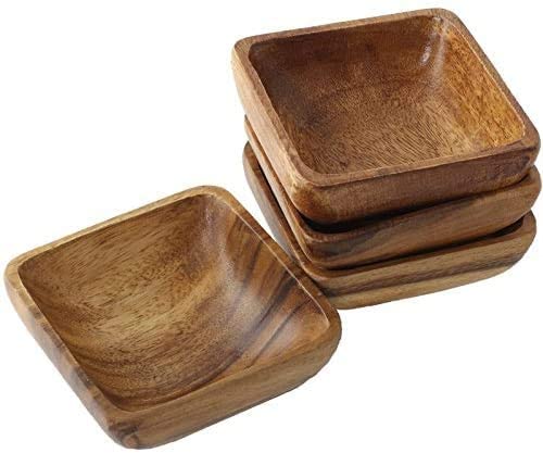 Glaver's Natural Acacia Wooden Bowls Hand-Carved Calabash Dip Tray Bowl S/4 Ideal for Appetizers, Dips, Sauce, Nuts, Candy, Olives, Seeds, Desserts and More. (Square)