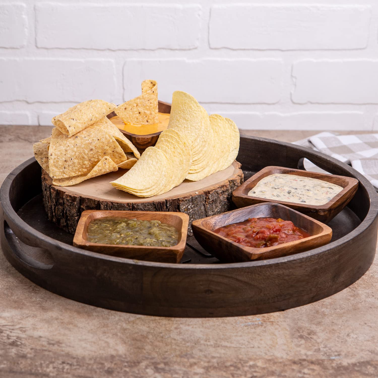 Glaver's Natural Acacia Wooden Bowls Hand-Carved Calabash Dip Tray Bowl S/4 Ideal for Appetizers, Dips, Sauce, Nuts, Candy, Olives, Seeds, Desserts and More. (Square)