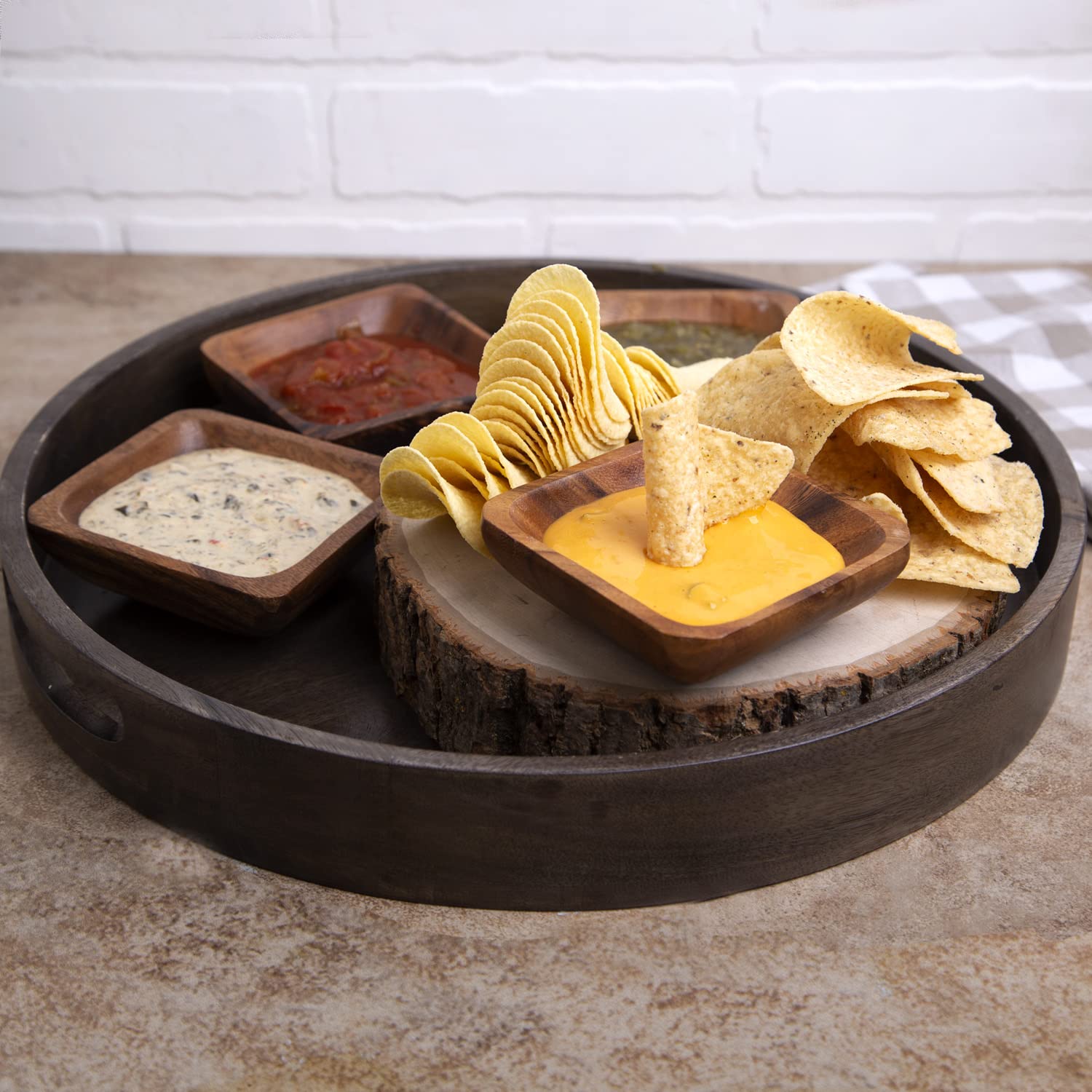 Glaver's Natural Acacia Wooden Bowls Hand-Carved Calabash Dip Tray Bowl S/4 Ideal for Appetizers, Dips, Sauce, Nuts, Candy, Olives, Seeds, Desserts and More. (Square)