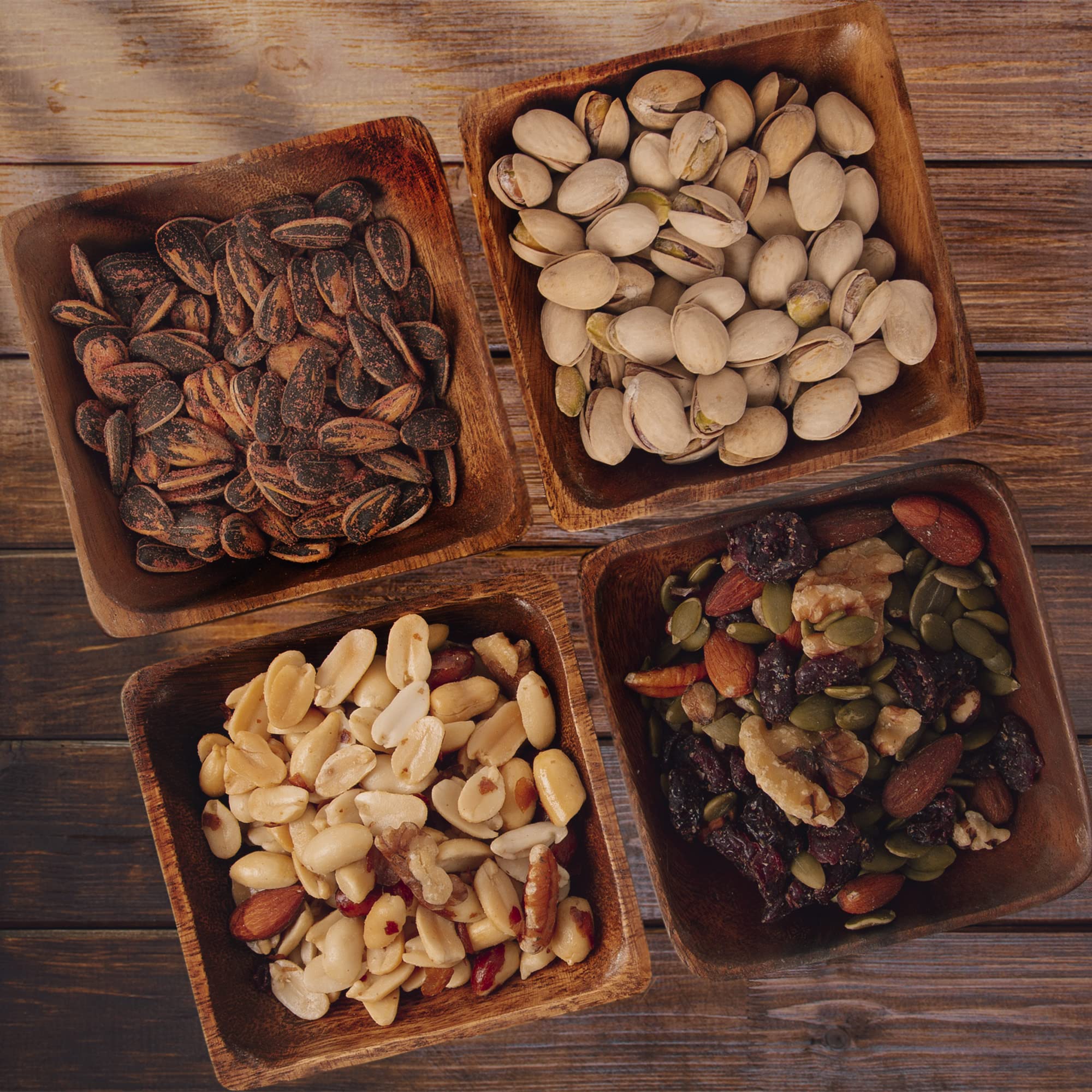 Glaver's Natural Acacia Wooden Bowls Hand-Carved Calabash Dip Tray Bowl S/4 Ideal for Appetizers, Dips, Sauce, Nuts, Candy, Olives, Seeds, Desserts and More. (Square)