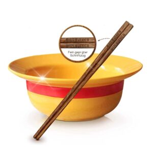 anime one piece ramen bowl set with chopsticks - luffy straw hat design for noodles, udon, snacks, and more - one piece gift for anime fans and christmas - ceramic