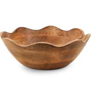 mela artisans wooden scalloped bowl - large | ruffle decorative style | rustic kitchen decor | mango wood | natural grain finish | fits bread, fruits, salad or popcorn | 12” x 4” x 11”