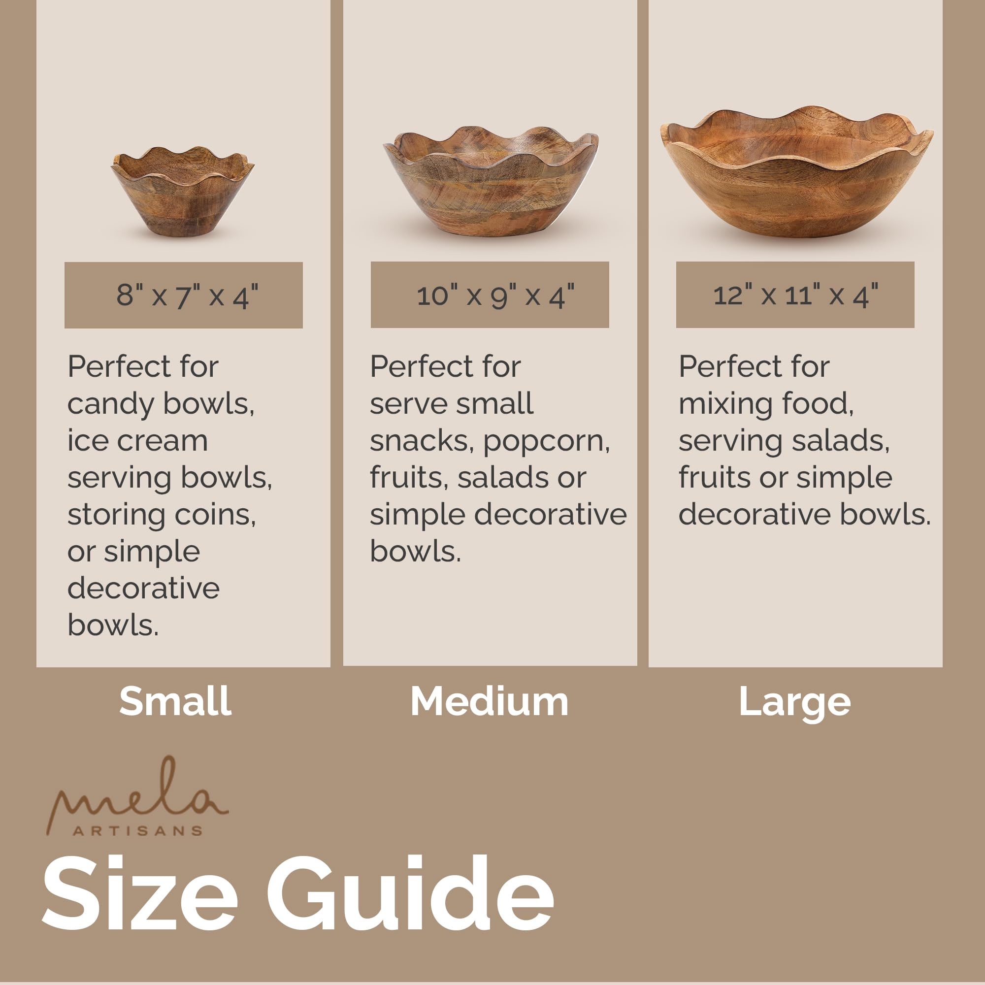 Mela Artisans Wooden Scalloped Bowl - Large | Ruffle Decorative Style | Rustic Kitchen Decor | Mango Wood | Natural Grain Finish | Fits Bread, Fruits, Salad or Popcorn | 12” x 4” x 11”