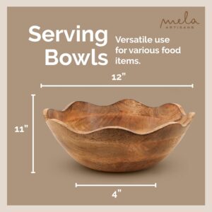 Mela Artisans Wooden Scalloped Bowl - Large | Ruffle Decorative Style | Rustic Kitchen Decor | Mango Wood | Natural Grain Finish | Fits Bread, Fruits, Salad or Popcorn | 12” x 4” x 11”