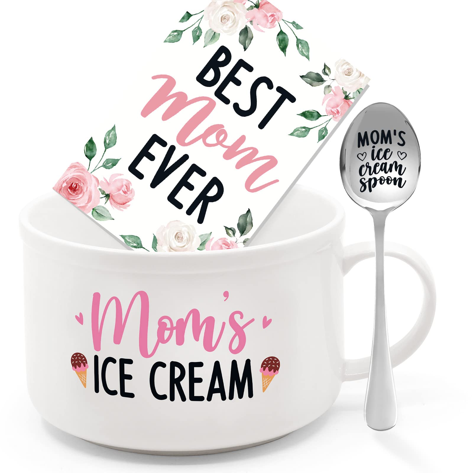 Nefelibata Mom's Ice Cream Bowl and Spoon Set with Best Mom Ever Greeting Card Mother's day Birthday Retirement Engraved Gift Box Basket for Her Mommy's Present from Daughter Son Set of 3